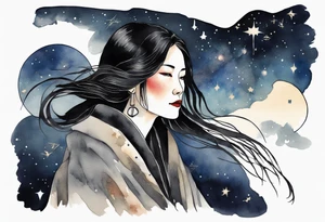a beautiful 50-year-old Dakota woman wearing black cloak with the night sky in the background tattoo idea