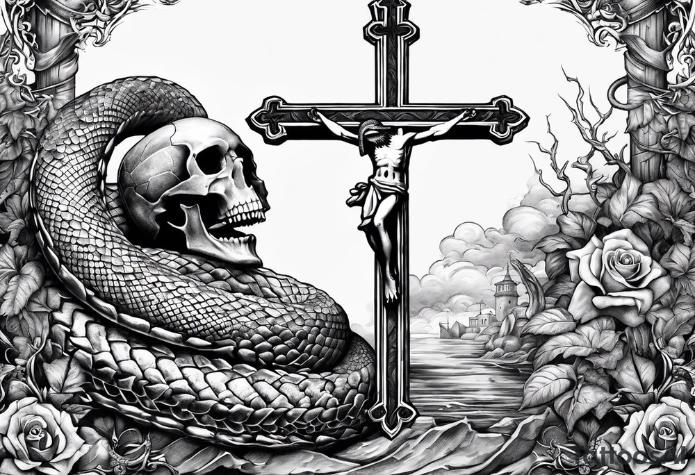 show a dead serpent, and dead scorpion both crushed by a crucifix/cross tattoo idea