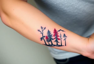 Lower forearm, trees with mountains in background, leaves on the trees are pink, purple, teal, red tattoo idea