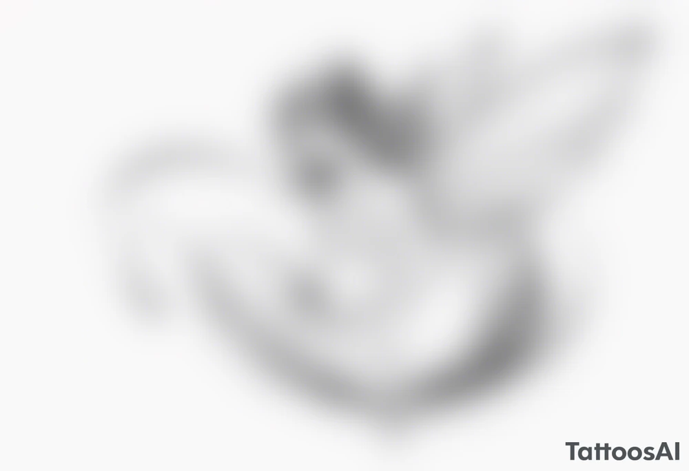 Minimalistic, monochromatic fairy with a tail flying to the left in a fetal position, leaning and looking in the same direction, with visible hands, embodying the 'Fairy Tail' logo aesthetic. tattoo idea