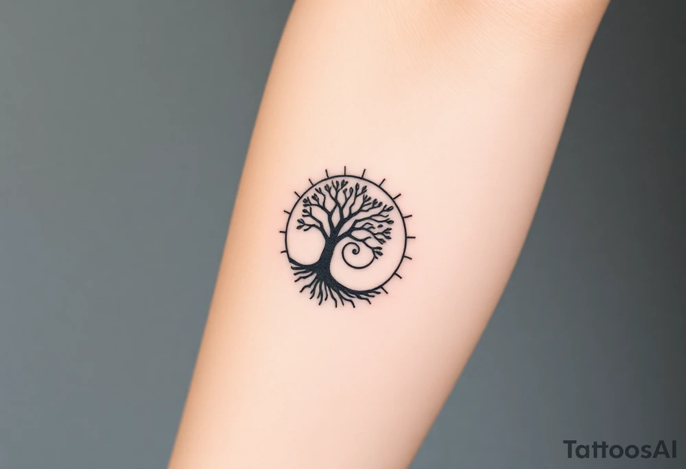 Tree inside of a spiral fibernaci moving sun tattoo idea