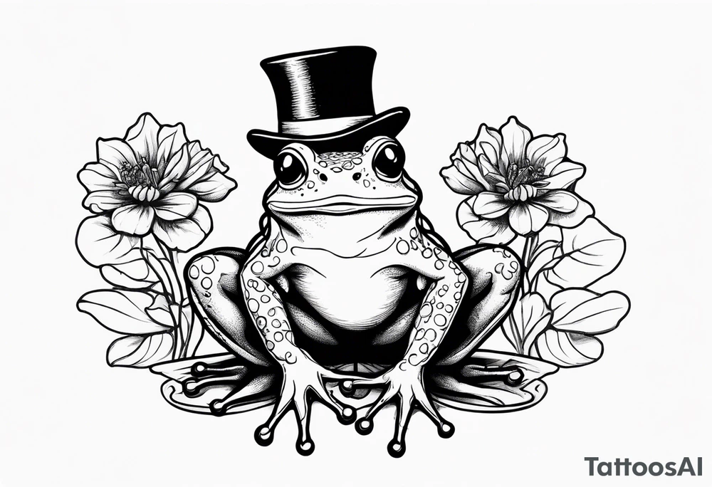 Cute Frog smiling wearing top hat and a suit standing on its Back legs while holding flowers tattoo idea
