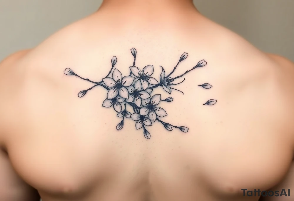 delicate cherry blossoms swirling in spring breeze with petals tattoo idea