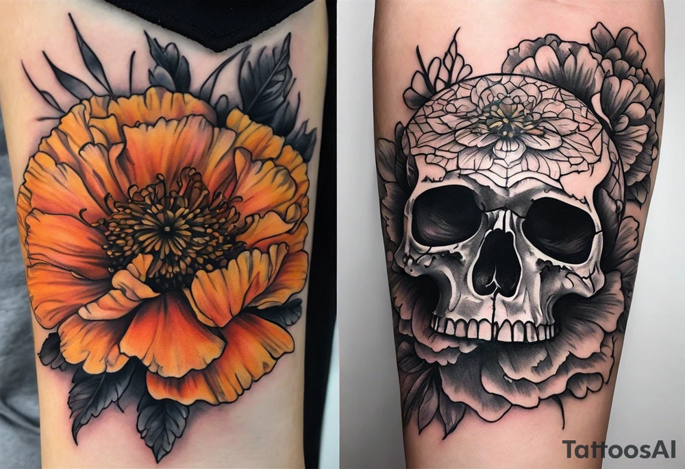 Left forearm tattoo of sunset and carnations on the outside of the forearm and on the inside there will be marigolds and a small skull tattoo idea