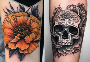 Left forearm tattoo of sunset and carnations on the outside of the forearm and on the inside there will be marigolds and a small skull tattoo idea