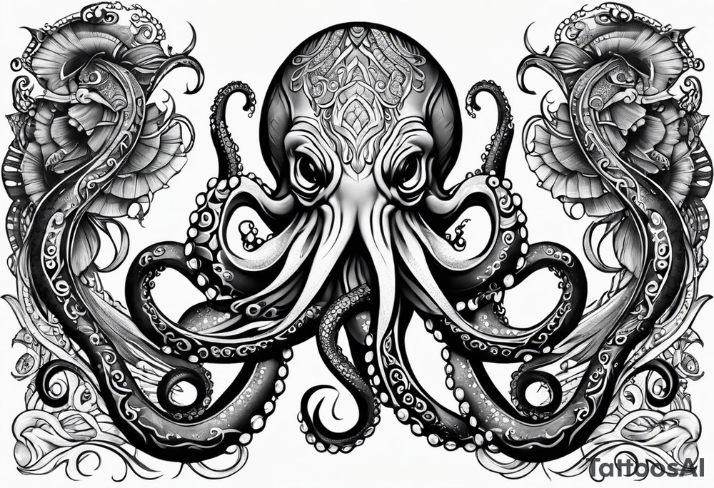 Tribal half sleeve octopus with ribbons around it filled with fish and water waves tattoo idea