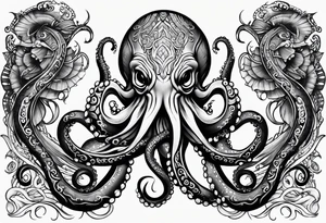 Tribal half sleeve octopus with ribbons around it filled with fish and water waves tattoo idea