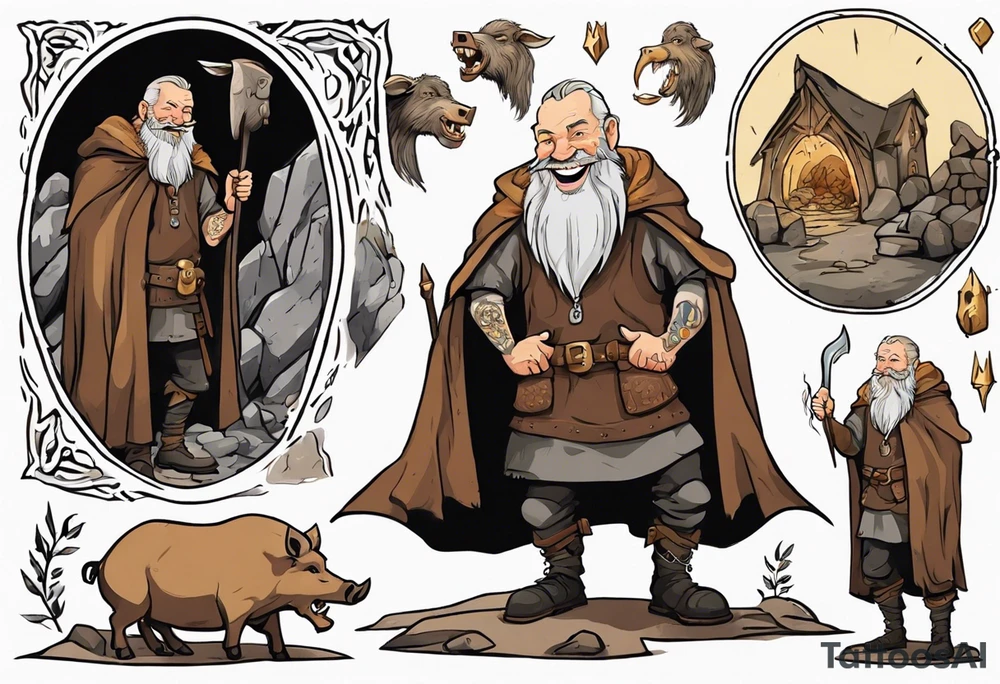 a 55-year-old medieval Nordic man with a grey beard laughing with a gold tooth wearing a brown and black cloak standing next to a boar in front of a cave tattoo idea