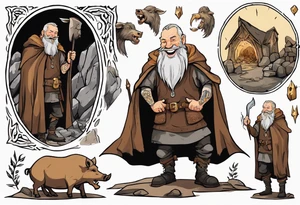 a 55-year-old medieval Nordic man with a grey beard laughing with a gold tooth wearing a brown and black cloak standing next to a boar in front of a cave tattoo idea