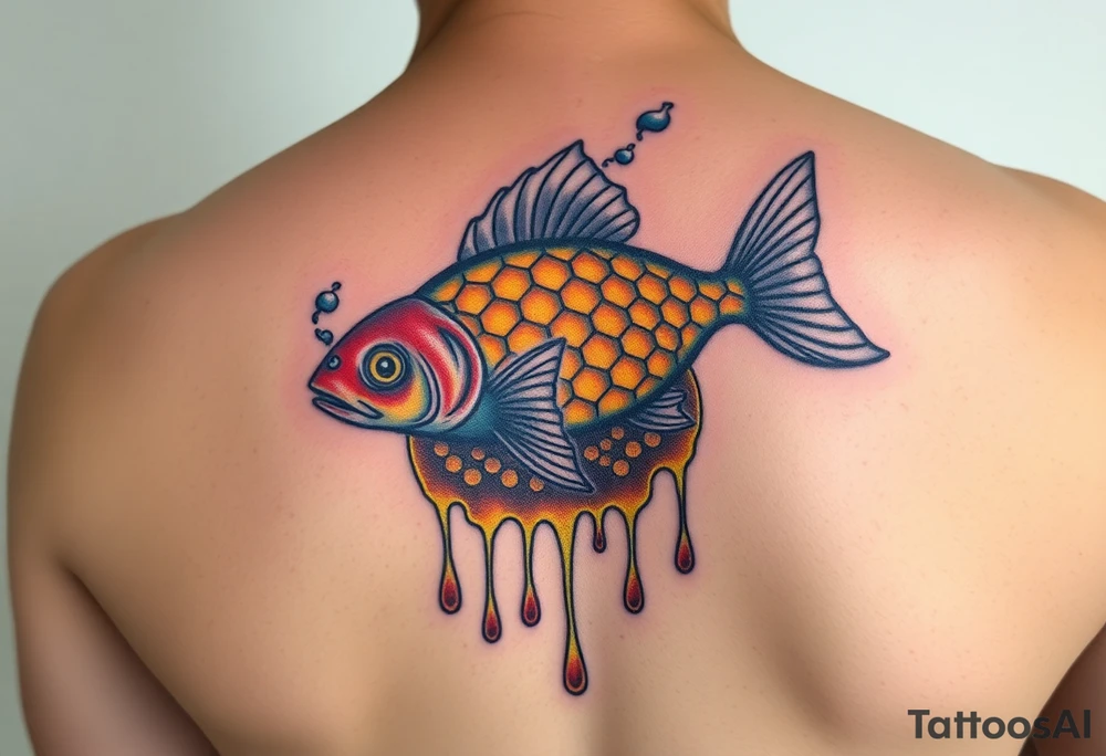 Coi fish swimming through dripping honey comb tattoo idea