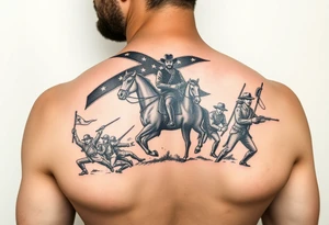 Confederate flag with a portrait of stonewall Jackson on a horse add in a battle scene with confederate soldiers winning & Jefferson Davis on one side tattoo idea