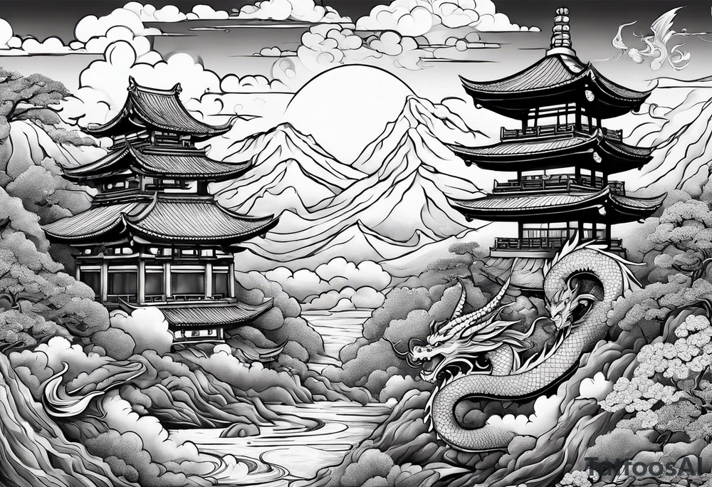 beautiful warrior fairy and a dragon and the background will be mountains, clouds, and a Japanese building tattoo idea