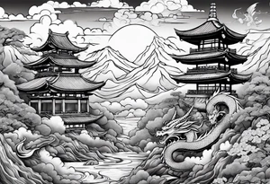 beautiful warrior fairy and a dragon and the background will be mountains, clouds, and a Japanese building tattoo idea