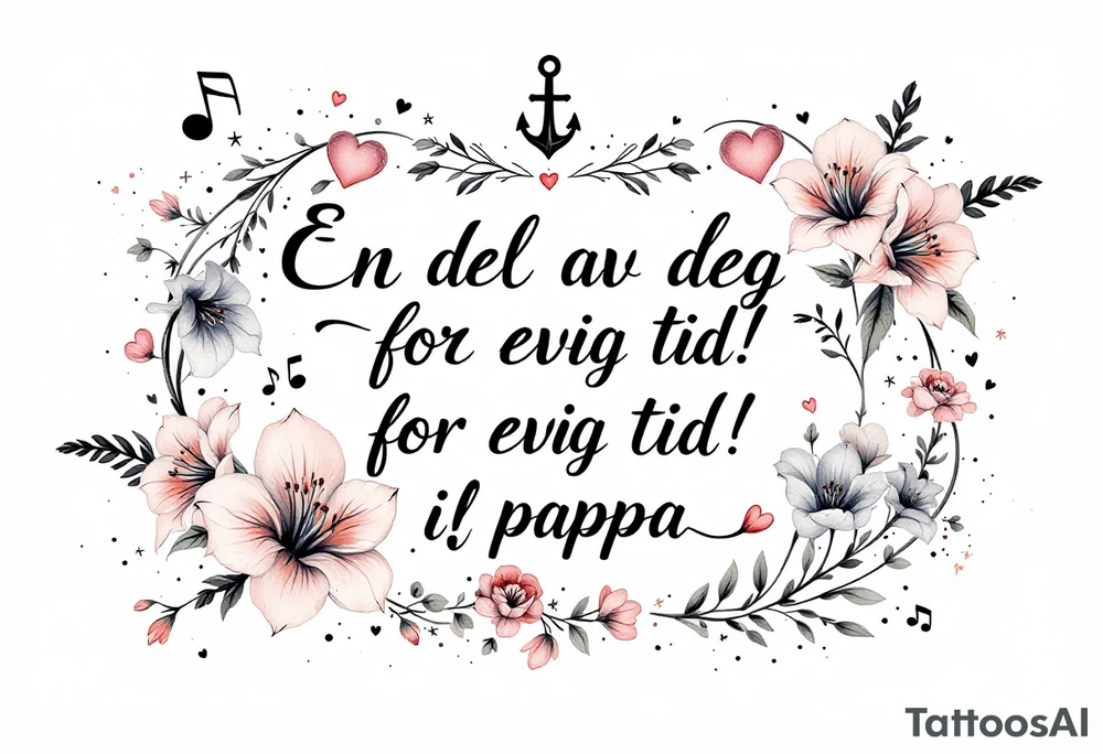 Quote in two rows; En del av deg for evig tid! Pappa, 20.12.24. Surround the quote with gladioluses, hearts, music notes and an anchor. Makes the tattoo small tattoo idea