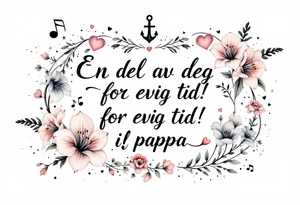 Quote in two rows; En del av deg for evig tid! Pappa, 20.12.24. Surround the quote with gladioluses, hearts, music notes and an anchor. Makes the tattoo small tattoo idea