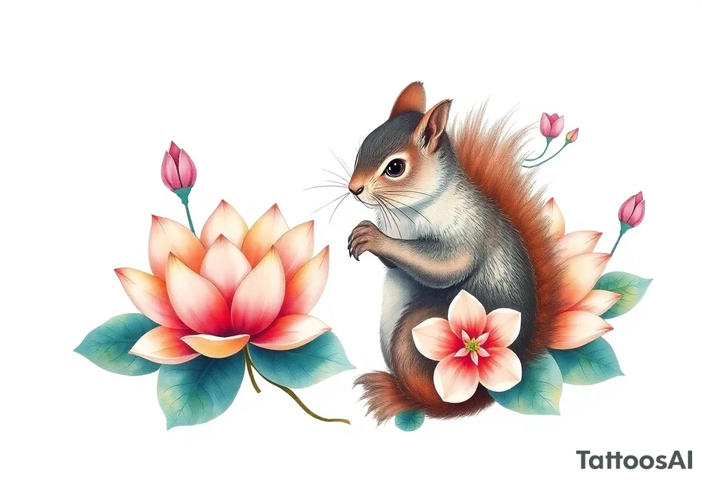 Fierce squirrel blooming lotus flowers tattoo idea