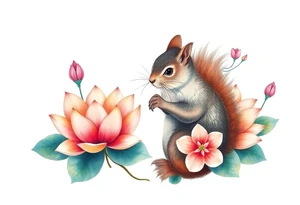 Fierce squirrel blooming lotus flowers tattoo idea