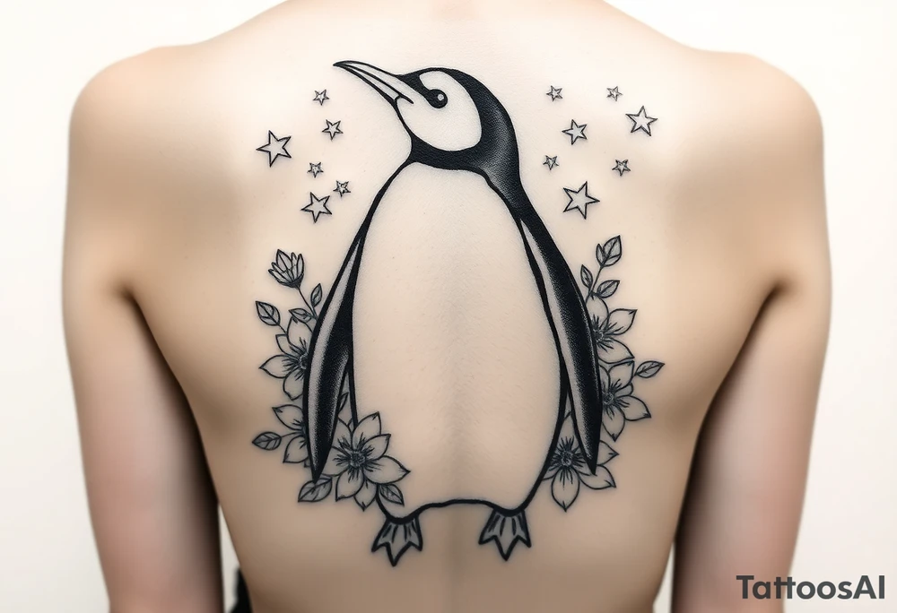 Penguin with stars and flowers black ink
Matching w someone tattoo idea