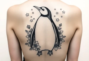 Penguin with stars and flowers black ink
Matching w someone tattoo idea