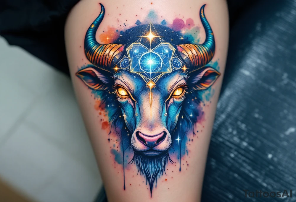 Like a cosmic guardian, Taurus watches with ochre eyes and glowing indigo horns with bold star constellation tattoo idea