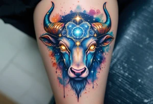 Like a cosmic guardian, Taurus watches with ochre eyes and glowing indigo horns with bold star constellation tattoo idea
