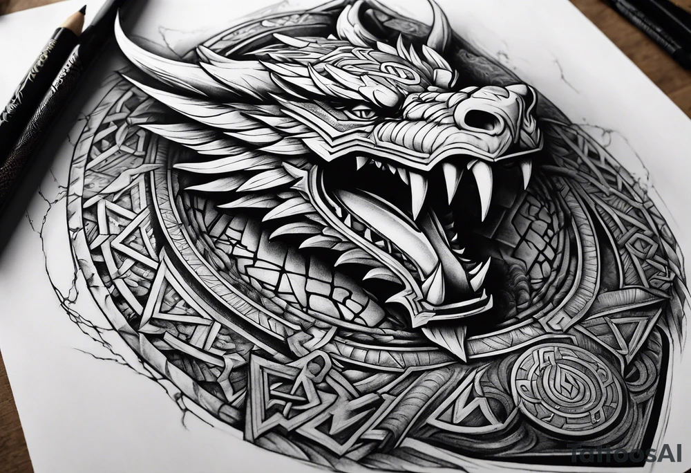 Valhalla sword shield dragon axe Valknut stairs tattoo idea