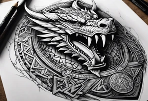 Valhalla sword shield dragon axe Valknut stairs tattoo idea