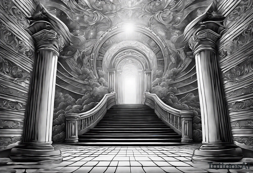 Staircase that leads through the clouds to heaven and ends at the gates of heaven. At the end there is a bright light tattoo idea