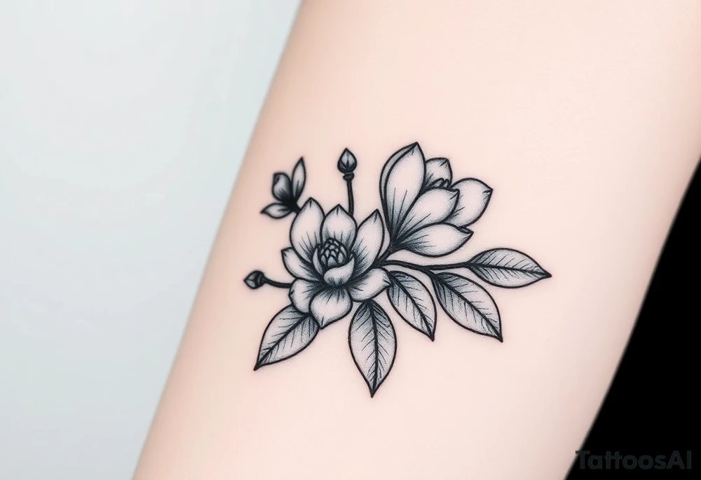 Branch with few magnolia flowers, in different blossom stages with botanical details tattoo idea
