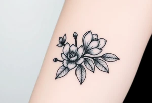 Branch with few magnolia flowers, in different blossom stages with botanical details tattoo idea