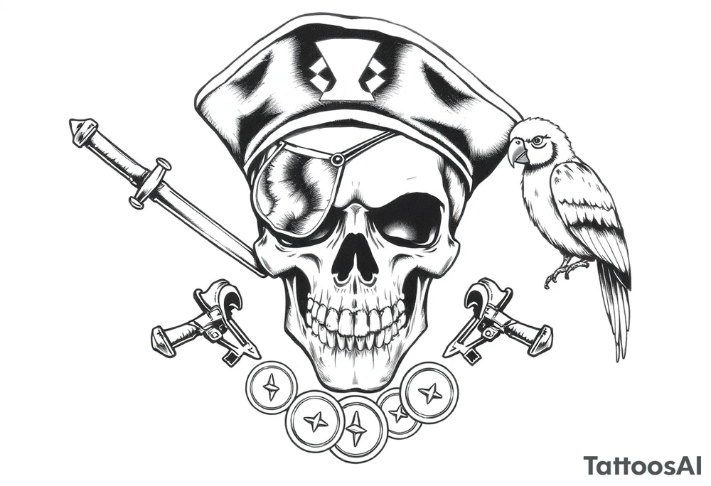 skull with eye-patch,pirate-hat,sabers,parrot,coins. tattoo idea