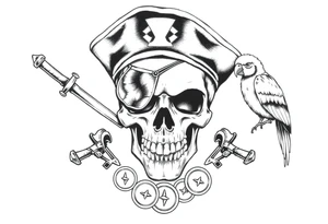 skull with eye-patch,pirate-hat,sabers,parrot,coins. tattoo idea