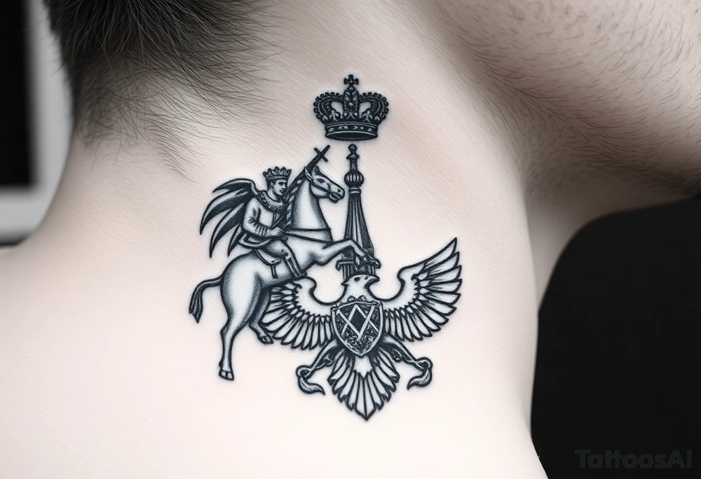 St. George slaying the dragon (hugely common in Russian Orthodox art)
Russian imperial crown above the eagle
Crossed swords or a Russian sabre
The Kremlin or St. Basil's Cathedral scene tattoo idea