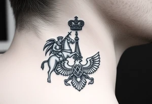 St. George slaying the dragon (hugely common in Russian Orthodox art)
Russian imperial crown above the eagle
Crossed swords or a Russian sabre
The Kremlin or St. Basil's Cathedral scene tattoo idea