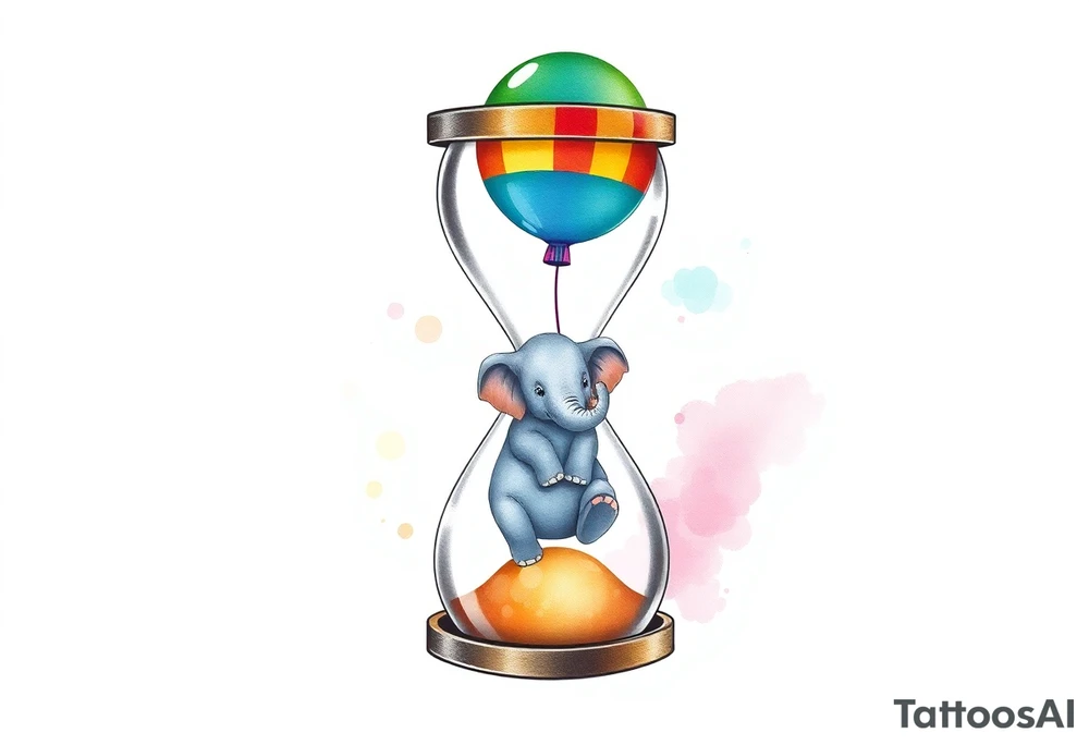 An hour glass with a Baby elephant inside and an autism balloon coming from the top of the hour glass. All around the hour glass would be a rainbow of water colors tattoo idea