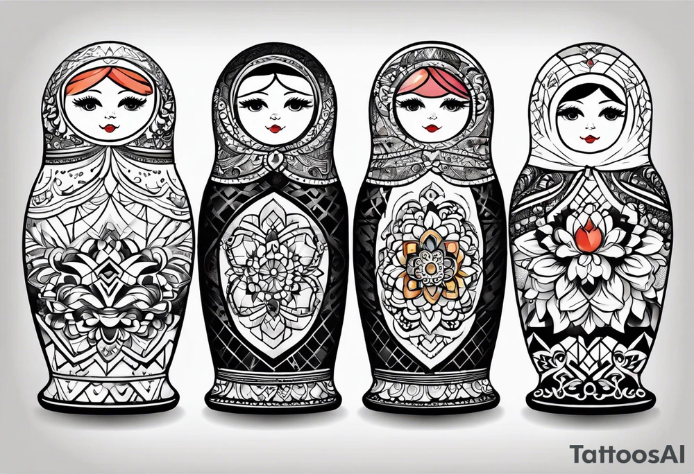 Matryoshka with geometric with large pattern around it tattoo idea