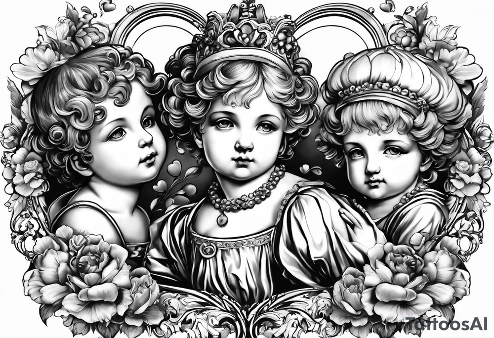 3 cherubs that look realistic, not cartoony. one of them is a girl holding a balloon, one is a boy holding a money bag, one is a girl hugging a heart. make them all separated tattoo idea