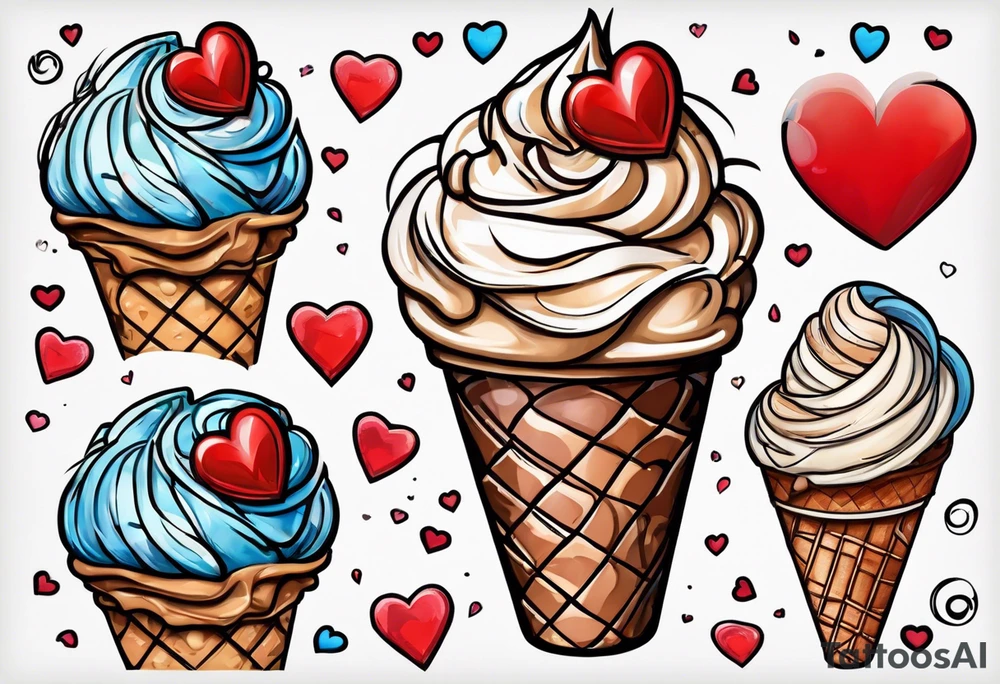 sketch chocolate chip ice cream cone with one red heart tattoo idea