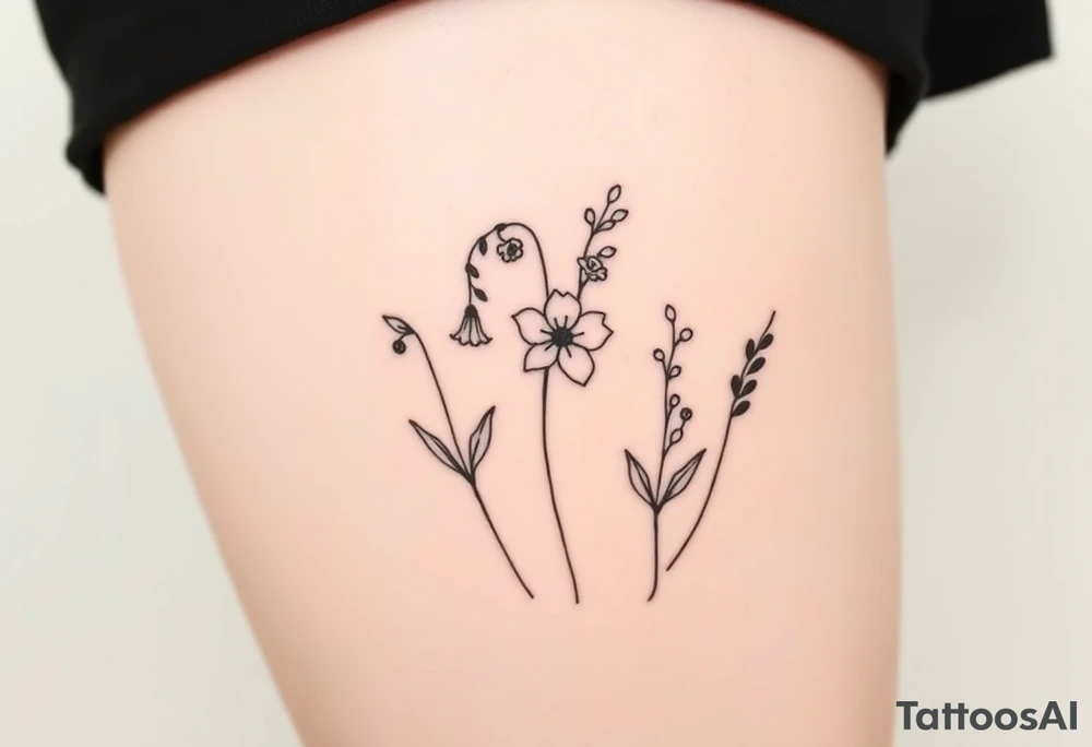 Simple small design in black bunch of flowers individual stems 1 lily of the valley 1 daffodil 1 December holly 1 larkspur tattoo idea