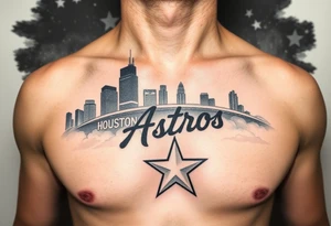 Houston texas skyline Behind houston astrodome, stars nighttime stars and clouds, Houston Astros cursive in sky, Houston Astros star on neck, Benjamin Franklin money roll space suit tattoo idea