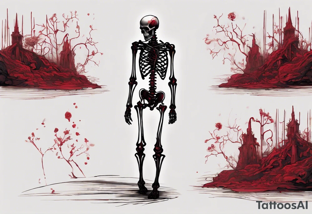 A 2D tattoo design of a skeletal figure, imbued with subtle hints of dark red, walking away in an elegant dark red and black suit. The skeleton's robe trails on the ground, reflecting a somber yet dignified departure. Visible parts of the skeleton, peeking through the suit, are detailed with red accents, blending the essence of life and afterlife. The design captures the left side profile of the skeleton, embodying both the grace of the attire and the starkness of the skeletal form tattoo idea