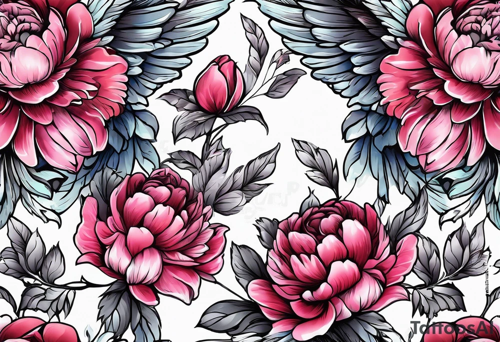 beautiful angel wings with floral peonies, roses, neon, brightly colored. highly detailed, tattoo idea