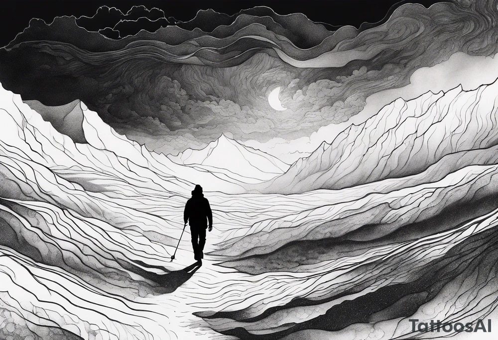 I silhouette of person walking through a dark, expansive hell scape tattoo idea