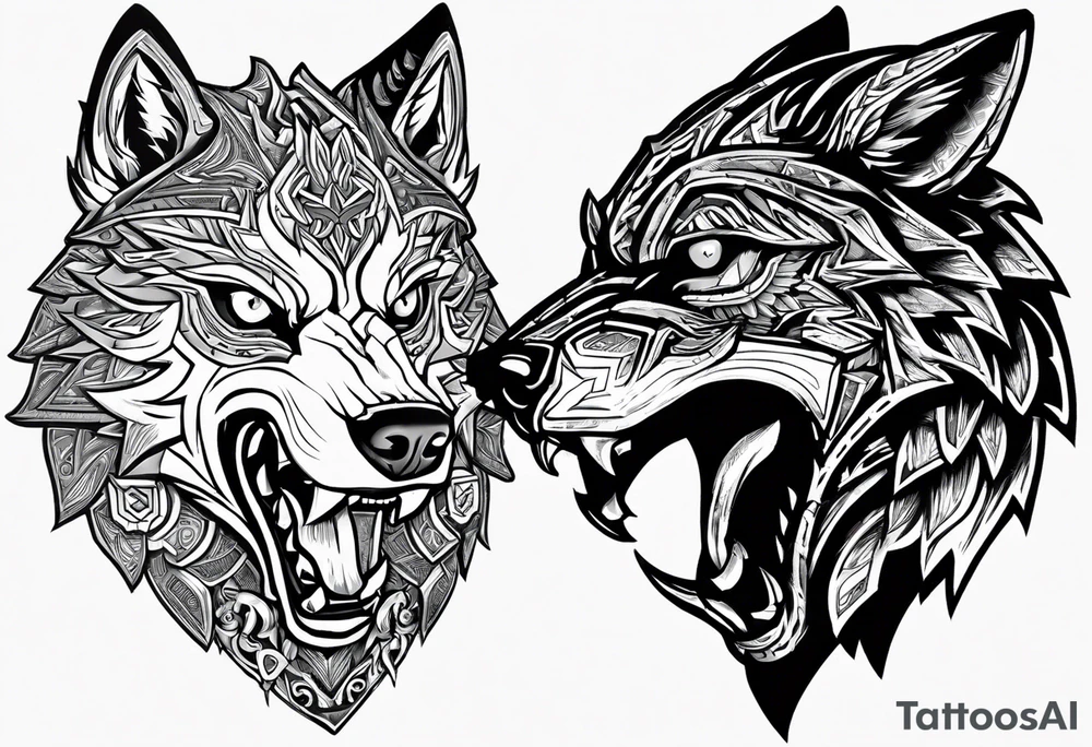Legend of zelda link wolf head that is in profile with mouth open, this should be the bottom of the tatoo on a bicep , the top should transition in through his mane on top and it should be an ouroborus (dragon not snake) surrounding vegvisr tattoo idea
