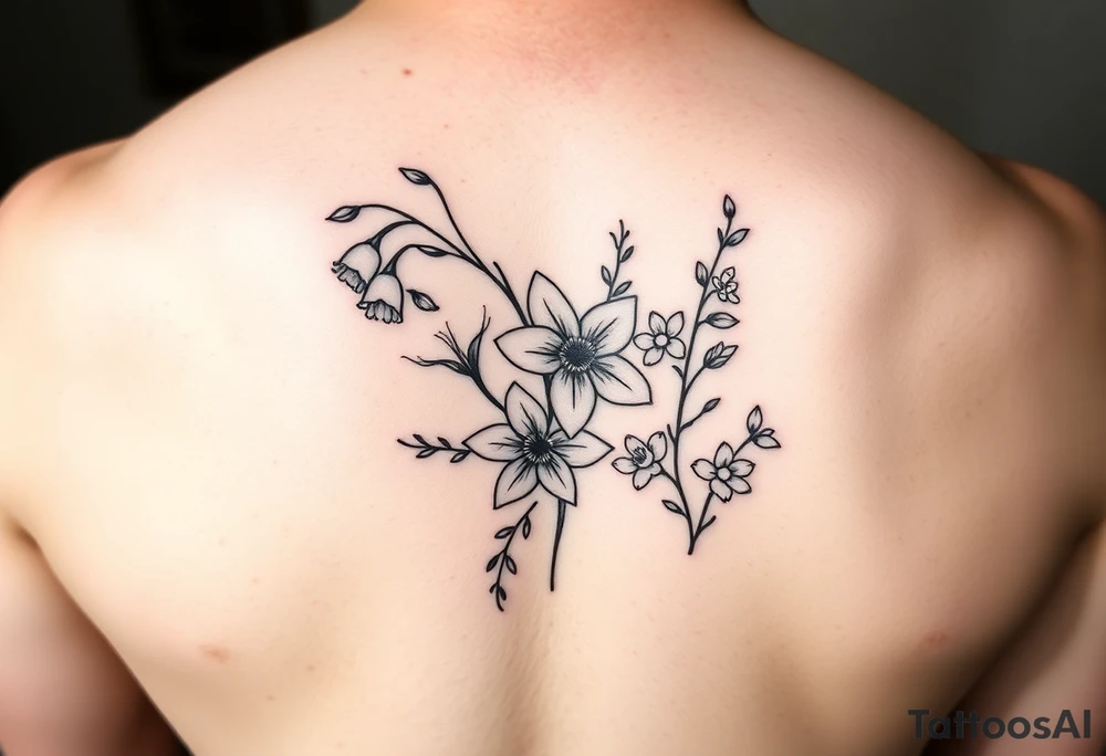 Simple small design in black bunch of flowers 1 lily of the valley 1 daffodil 1 holly 1 larkspur tattoo idea