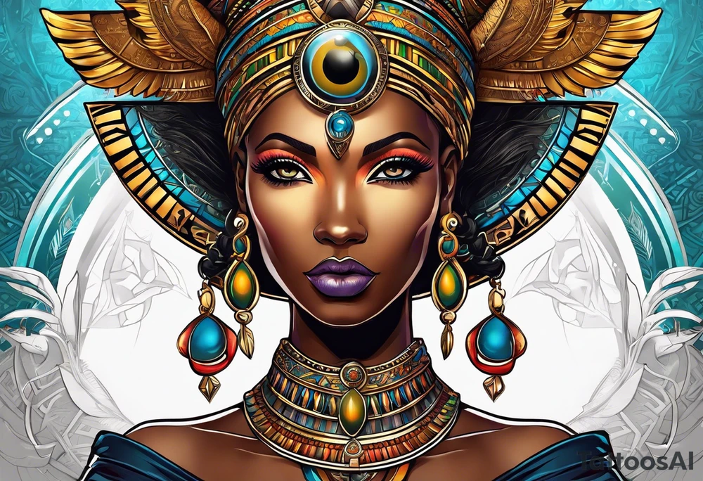 African Goddess wearing the eye of Horus and Ankh symbol tattoo idea