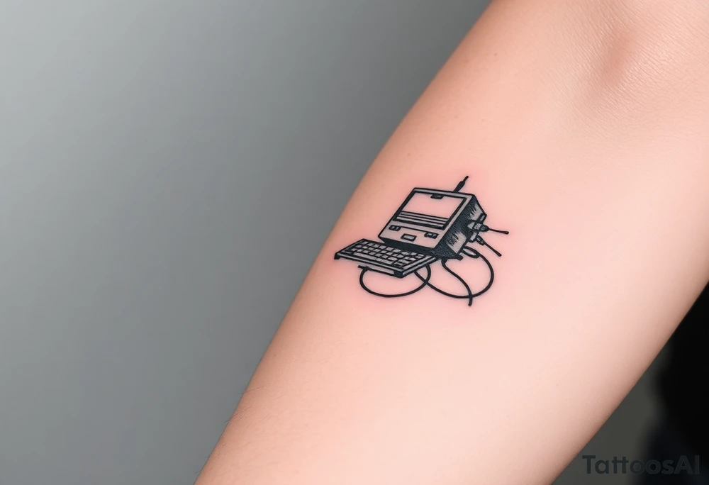 Tattoo for the top side of the forearm, black and gray, flash, hacker computer tech tattoo idea