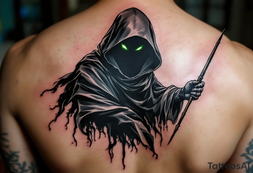 A shadowy figure in a flowing dark cloak, holding a wand in one hand. The figure’s face is obscured by a hood, with only glowing snake eyes visible. Deep black for the cloak, grey for the shading, and green for the glowing snake eyes. tattoo idea