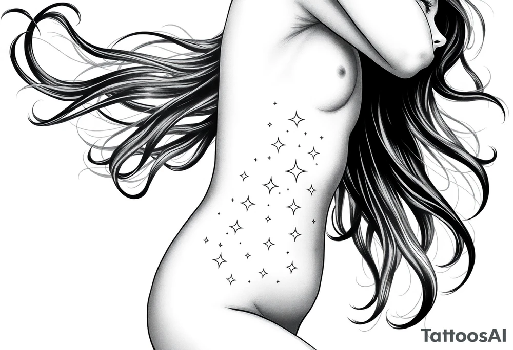 ethereal women body with flowing hair and beautiful celestial stars tattoo idea