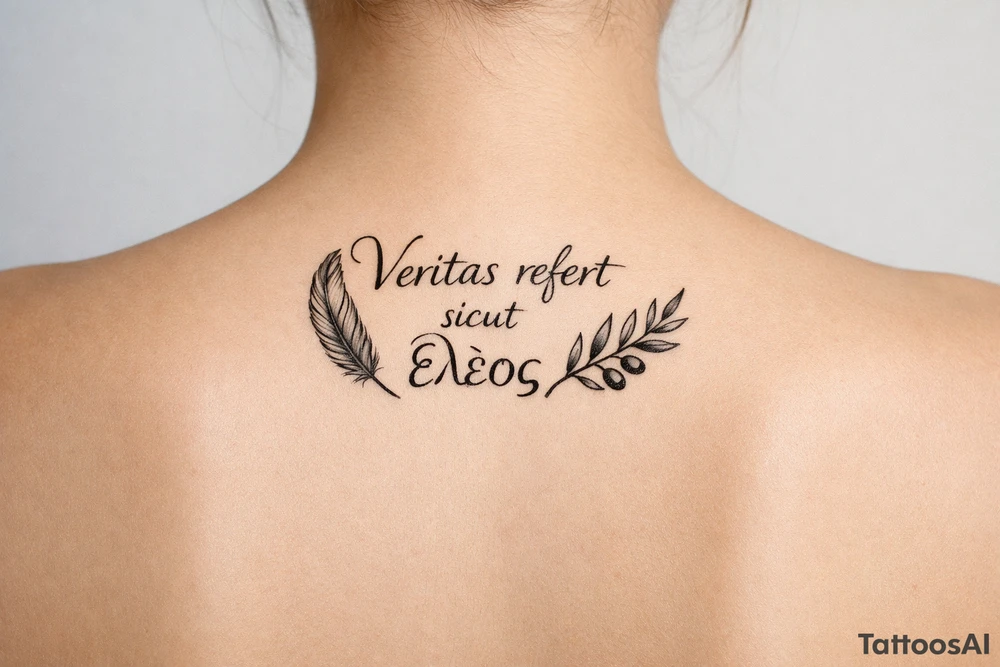 Veritas refert sicut ἔλεος on mid back slightly to the  right with the words stacked not perfectly aligned with a delicate but clear quill at the beginning and an olive branch at the end and there should be Elegant curvature as a vibe do not connect anything Think ballet chic black Swan tattoo idea